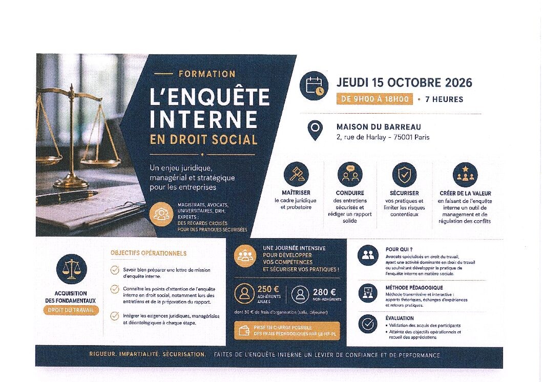 Affiche de la formation L'enquête interne en droit social, le 15 octobre 2026 à la Maison du Barreau à Paris